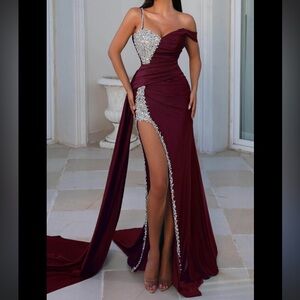 Portia and Scarlett Burgundy Evening Gown with Silver Accents brand new